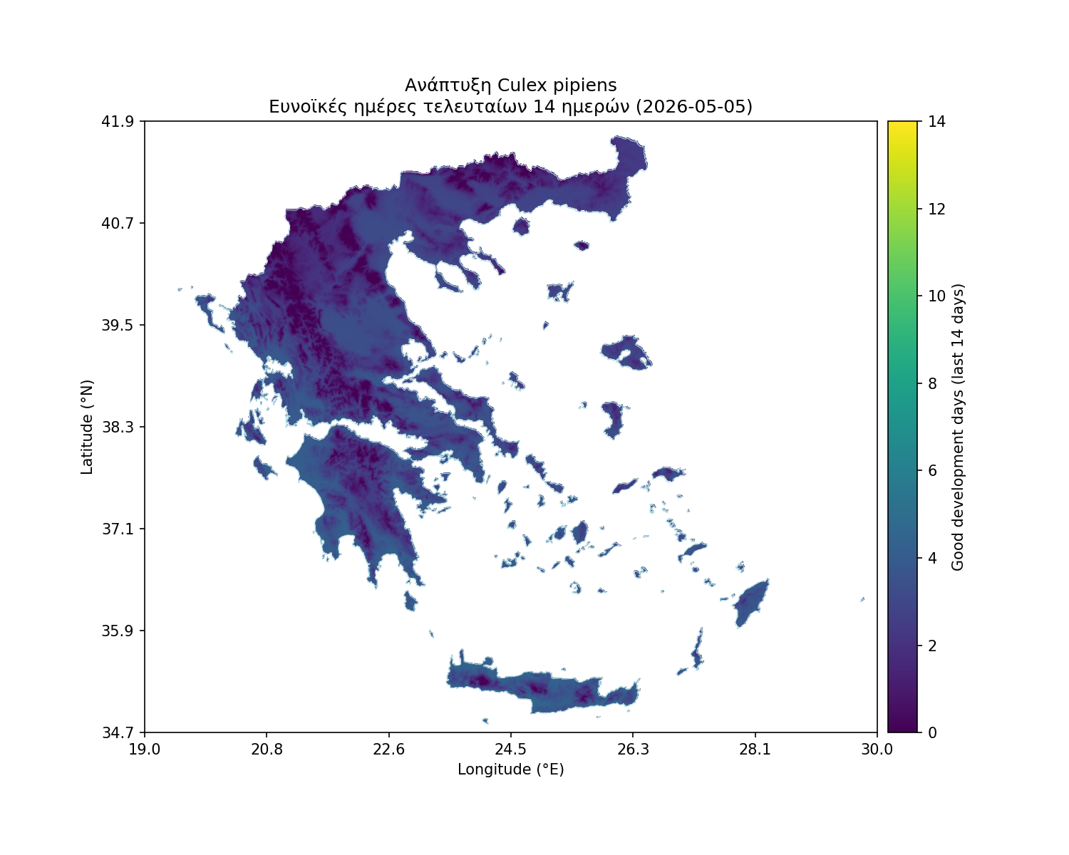 Χάρτης καταλληλότητας: Culex pipiens - Ανάπτυξη, ευνοϊκές ημέρες 14 ημερών