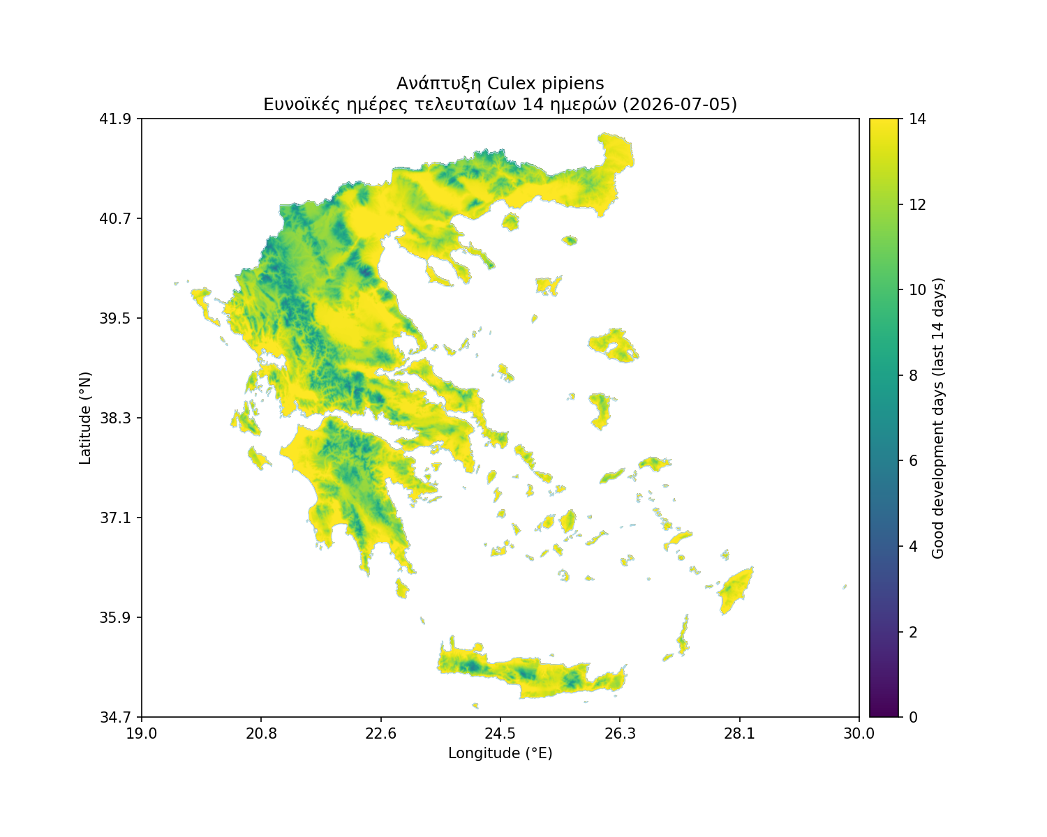 Χάρτης καταλληλότητας: Culex pipiens - Ανάπτυξη, ευνοϊκές ημέρες 14 ημερών