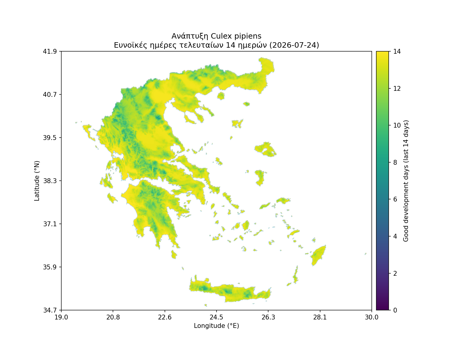 Χάρτης καταλληλότητας: Culex pipiens - Ανάπτυξη, ευνοϊκές ημέρες 14 ημερών