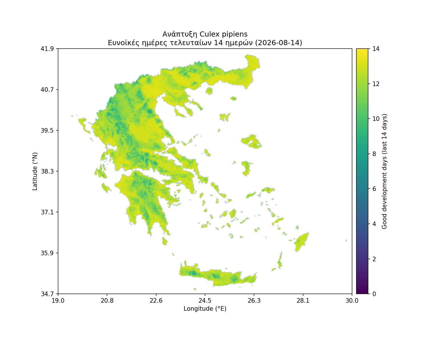 Χάρτης καταλληλότητας: Culex pipiens - Ανάπτυξη, ευνοϊκές ημέρες 14 ημερών